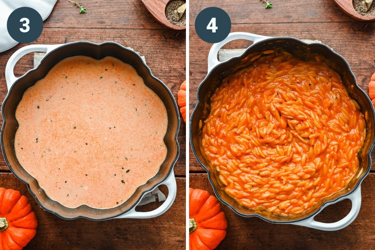 on the left: pumpkin orzo in pan before cooking. on the right: after cooking.