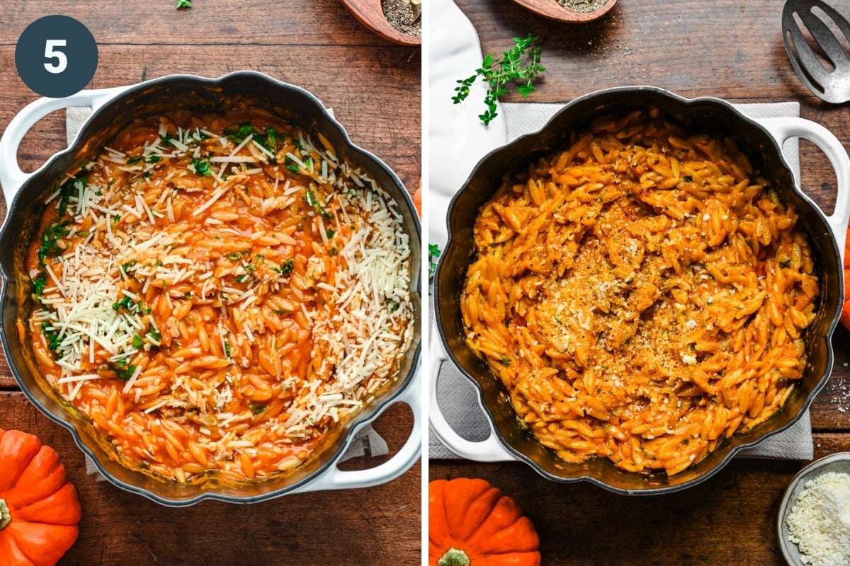 Stirring parmesan and fresh herbs into pumpkin orzo and then showing it finished in the pan.