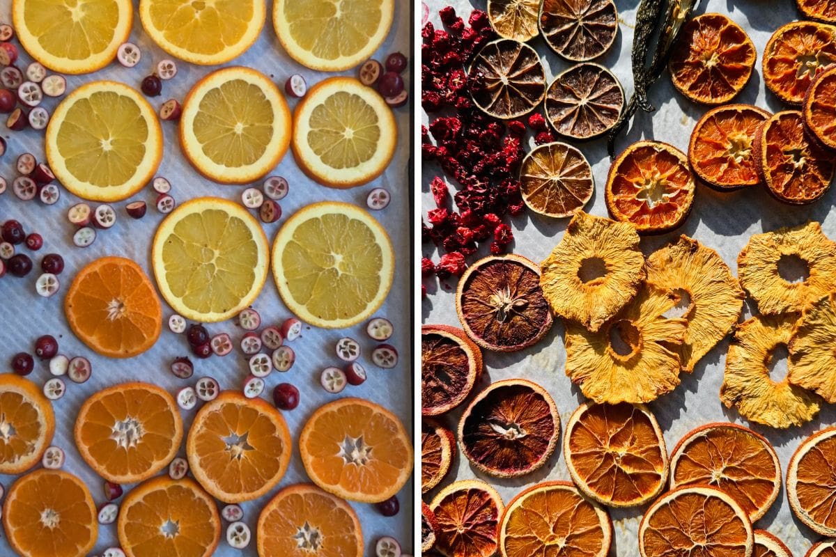 Before and after drying out a tray of fruit in the oven.