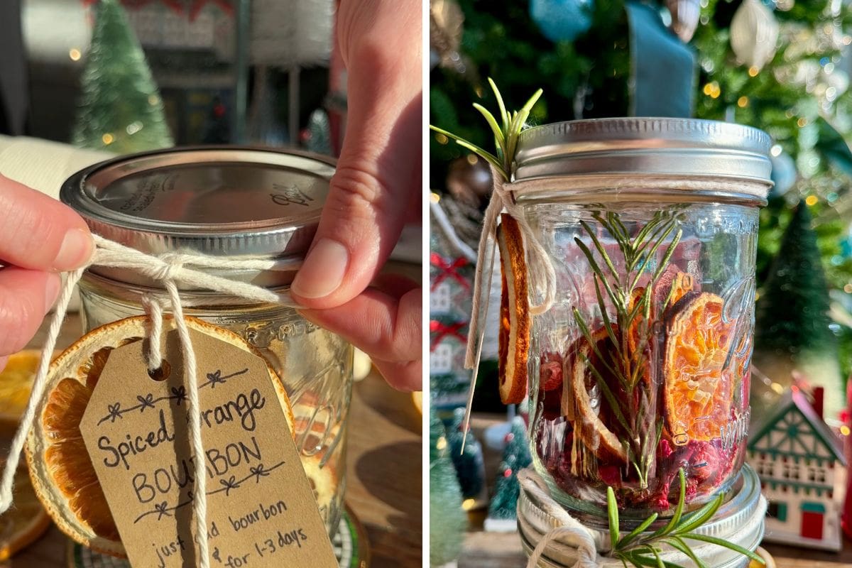 Mason jars filled with dried fruit and spices with label attached. 