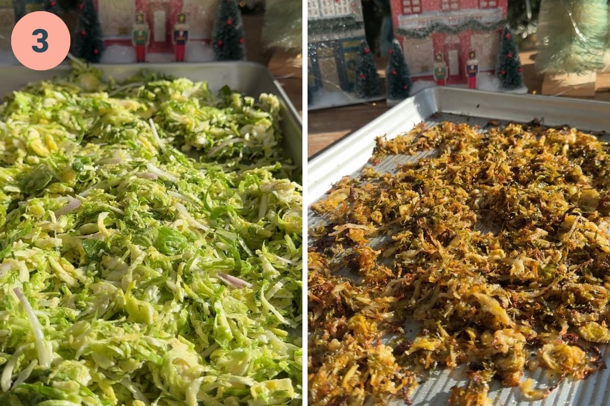 shredded brussels sprouts before and after roasting.