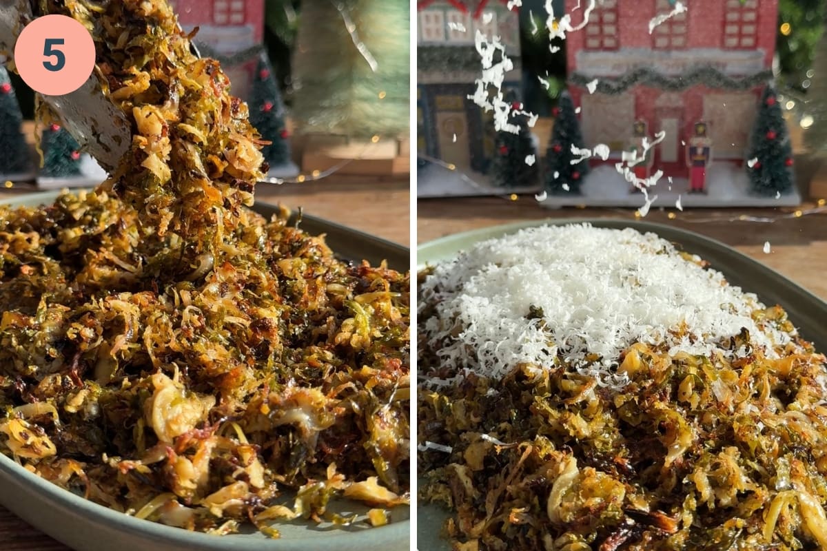 roasted shredded brussels sprouts on a platter and grating parmesan on top.