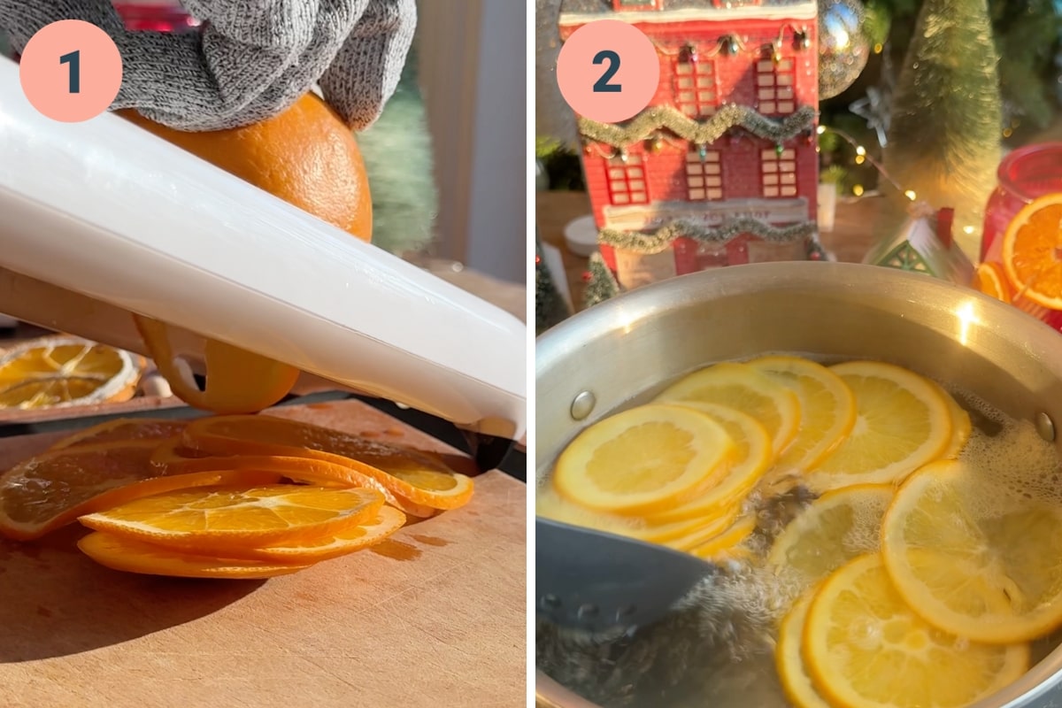 On the left: mandolining oranges. On the right: boiling oranges.