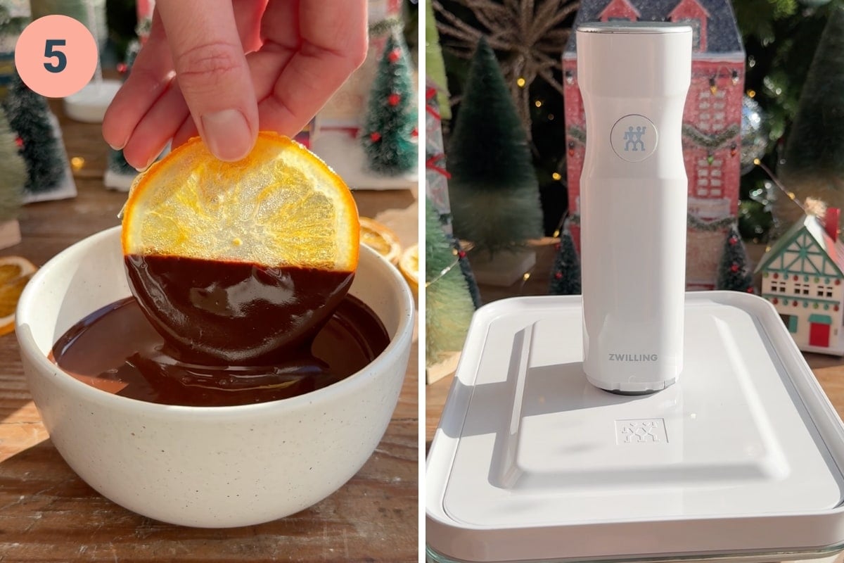 On the left: dipping orange in chocolate. On the right: sealing vacuum tupperware.