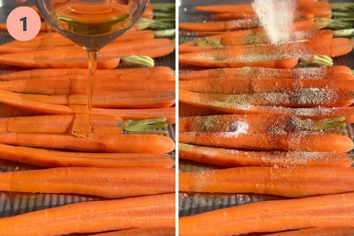 On the left: carrots being tossed with olive oil. On the right: adding spices to carrots.