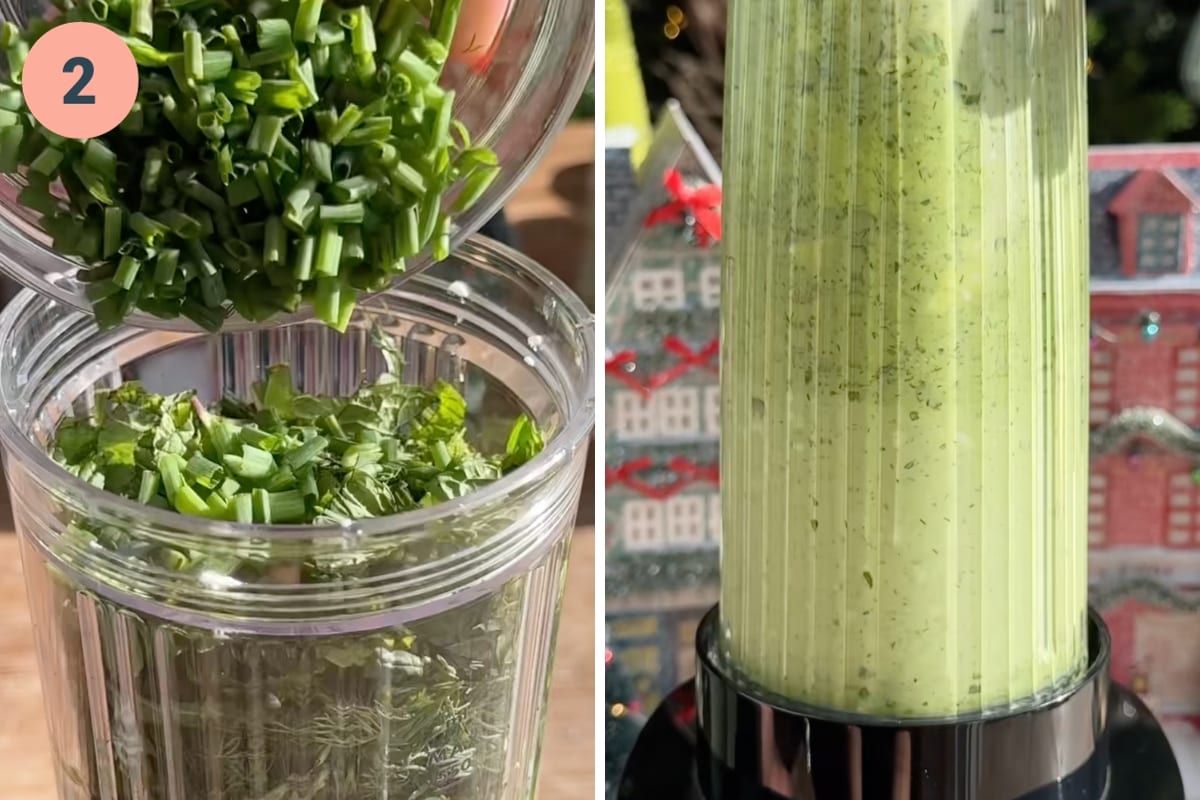 On the left: adding herbs to blender. On the right: blending herbs into green goddess.