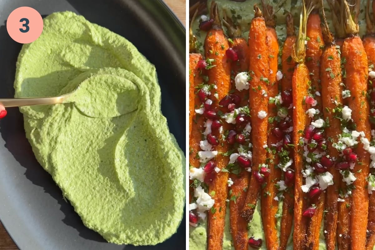 On the left: spreading green goddess on a plate. On the right: finished carrot dish.