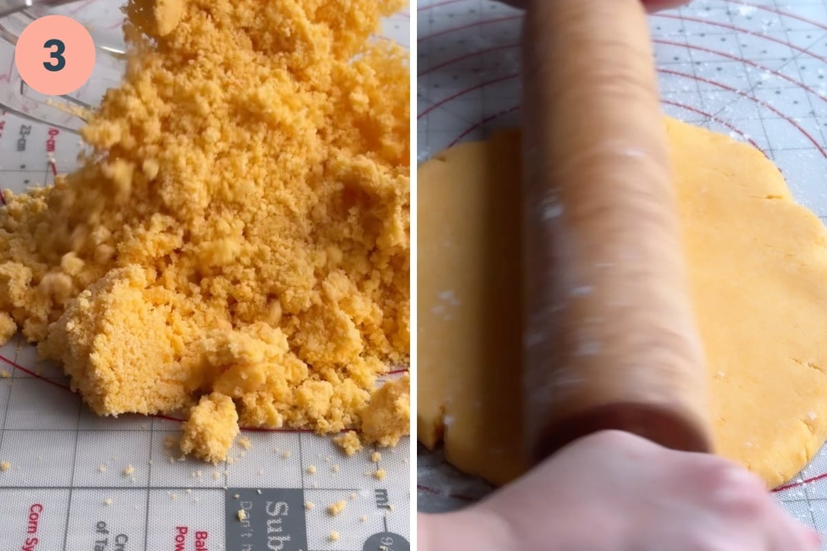 Pouring out cheez it dough and rolling it.