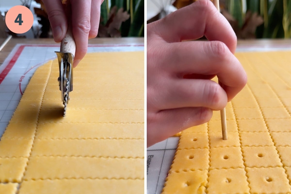 Cutting cheez it dough and poking holes with skewer.