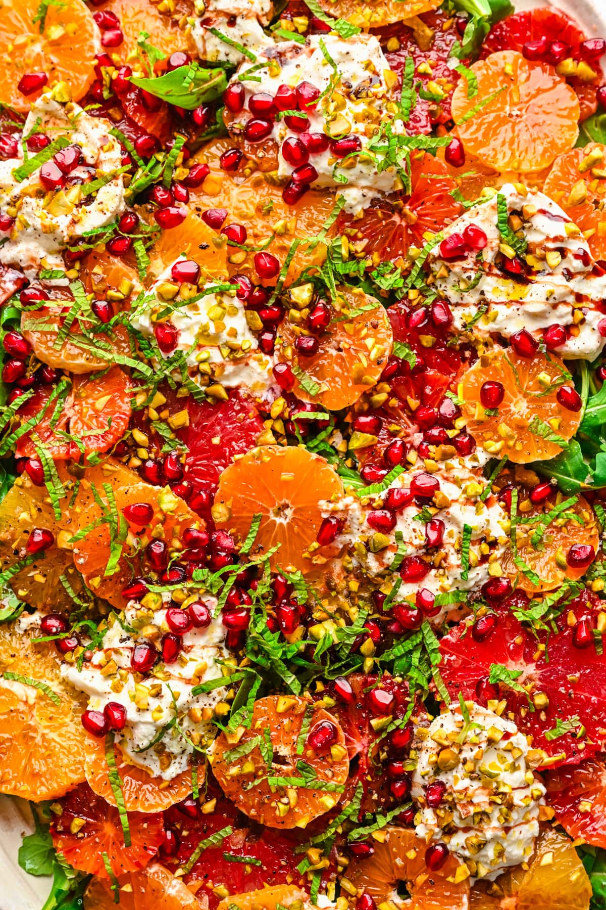 Overhead view of citrus burrata salad.