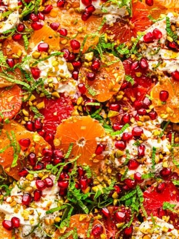 Overhead view of citrus burrata salad.