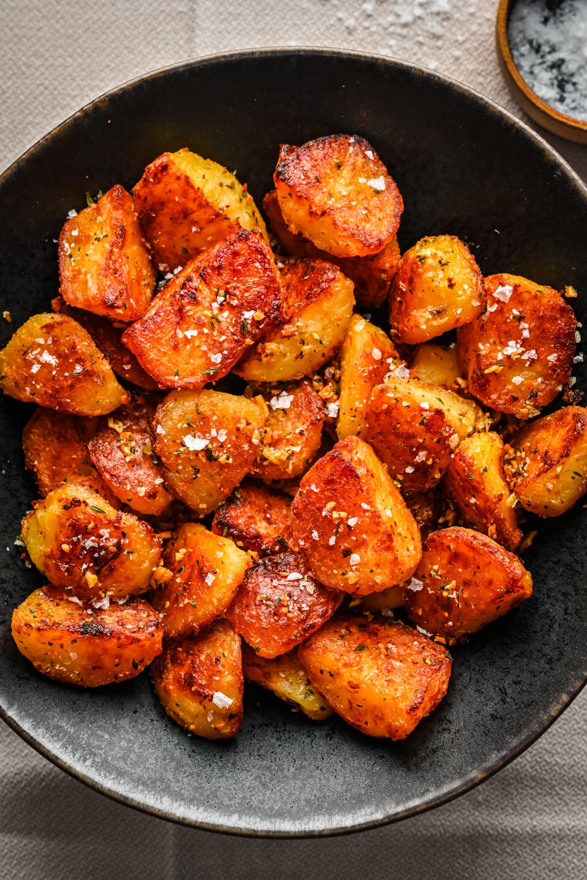 Overhead view of crispy roasted potatoes.