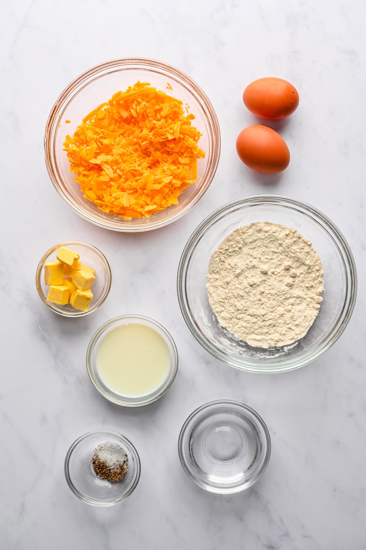 Overhead view of gougeres ingredients.