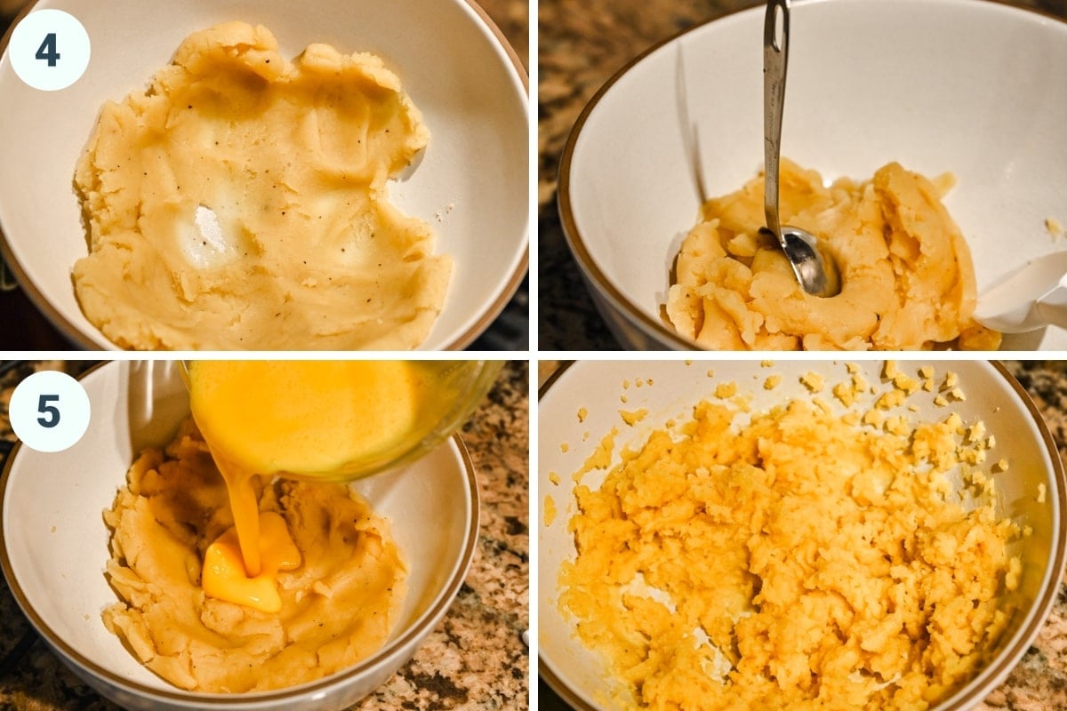 Overhead view of 4 steps of gougeres process.