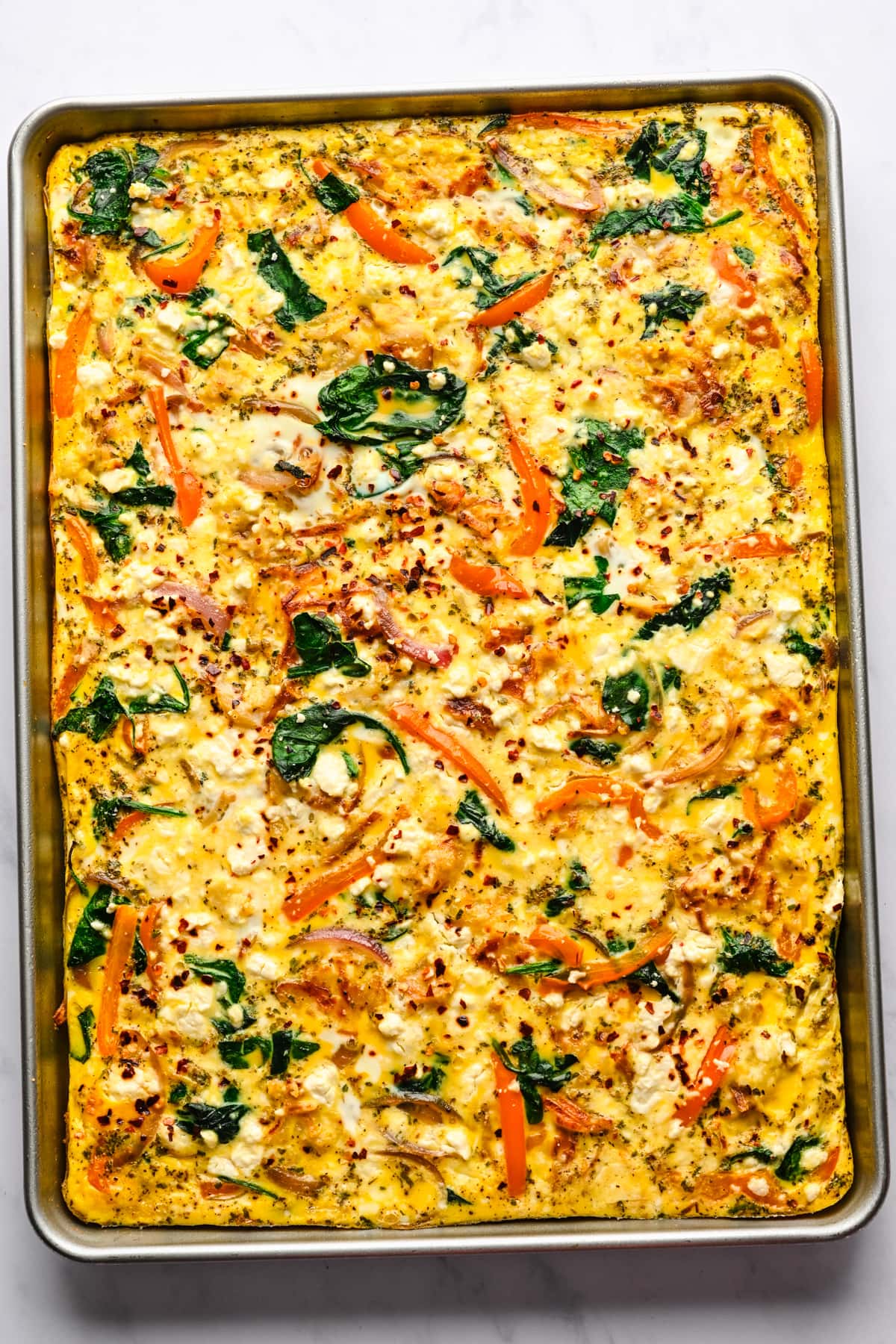 overhead view of sheet pan frittata. 