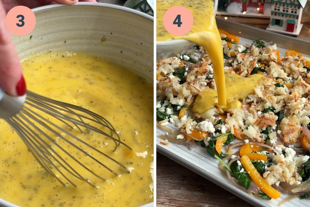 whisking together eggs and then pouring them over vegetables on a sheet pan.