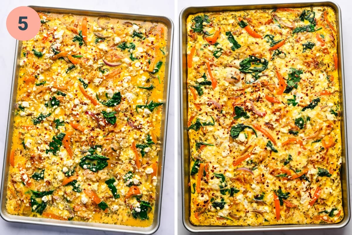 before and after baking a sheet pan frittata.