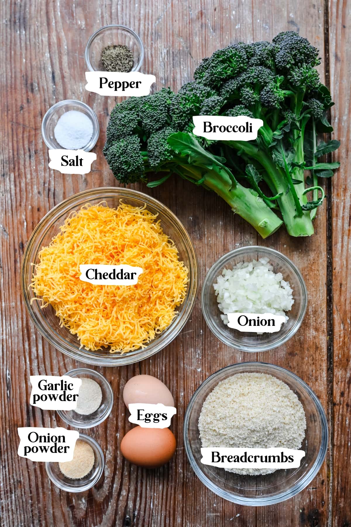 Overhead view of cheesy broccoli tot ingredients.