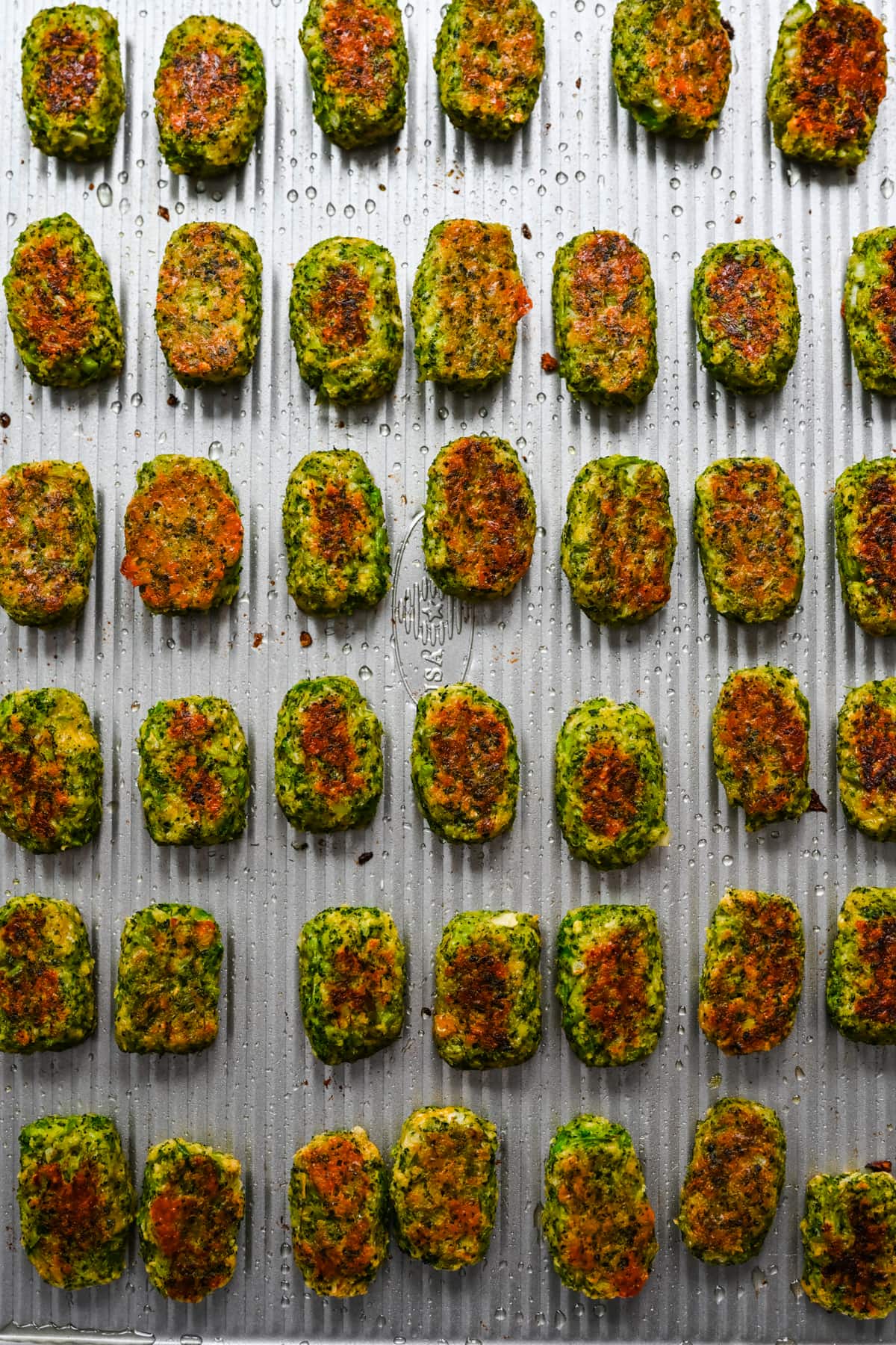 Overhead view of finished broccoli tots.