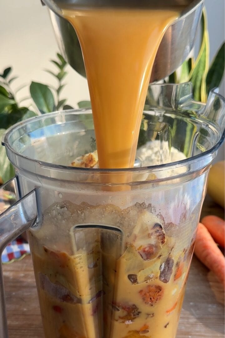 Broth going into the blender.