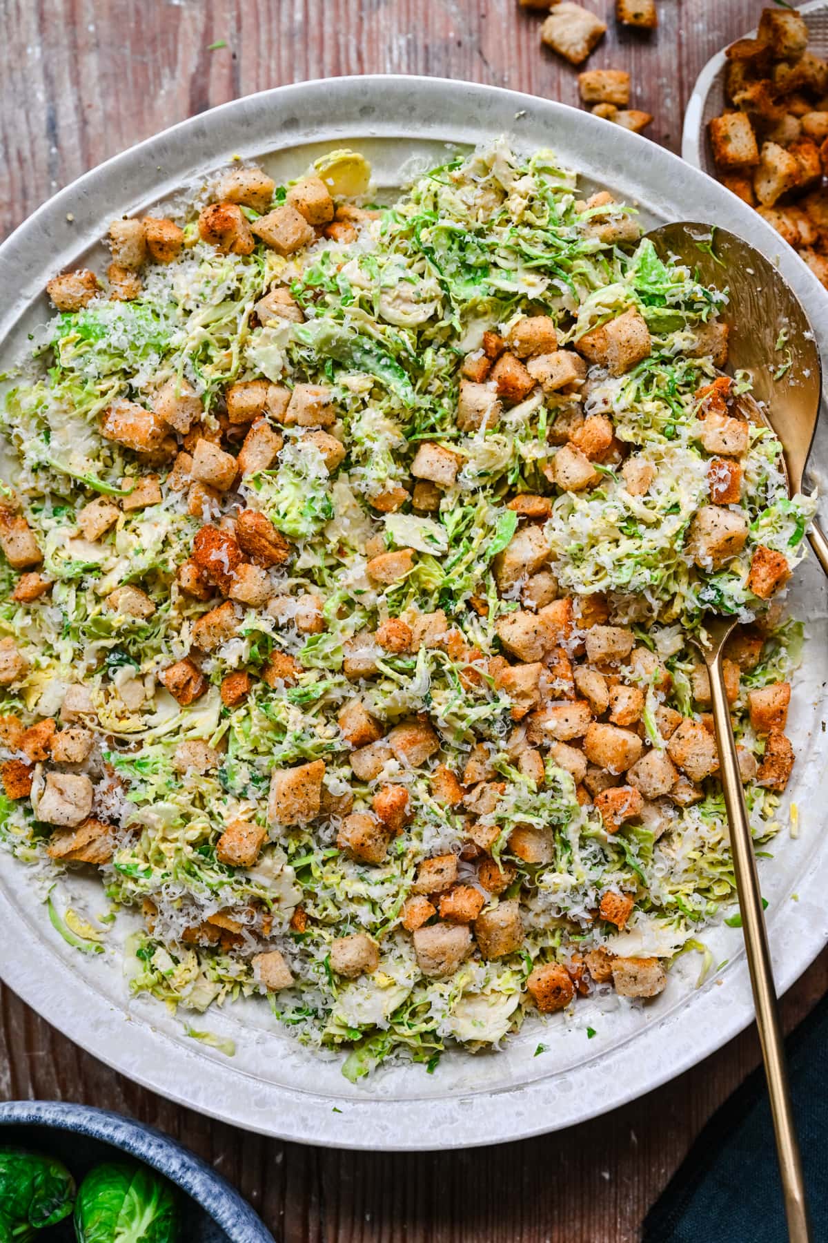 Overhead view of brussels sprouts salad.