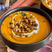 Front view of finished soup garnished with chickpeas.