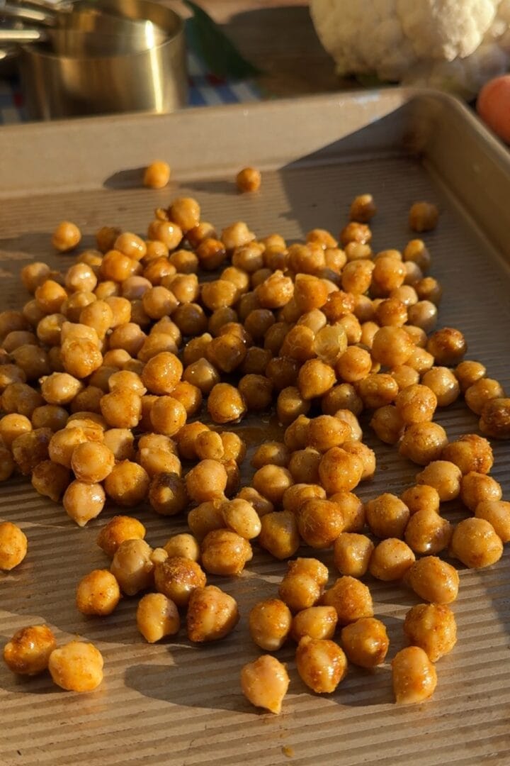 Chickpeas on a sheet pan.