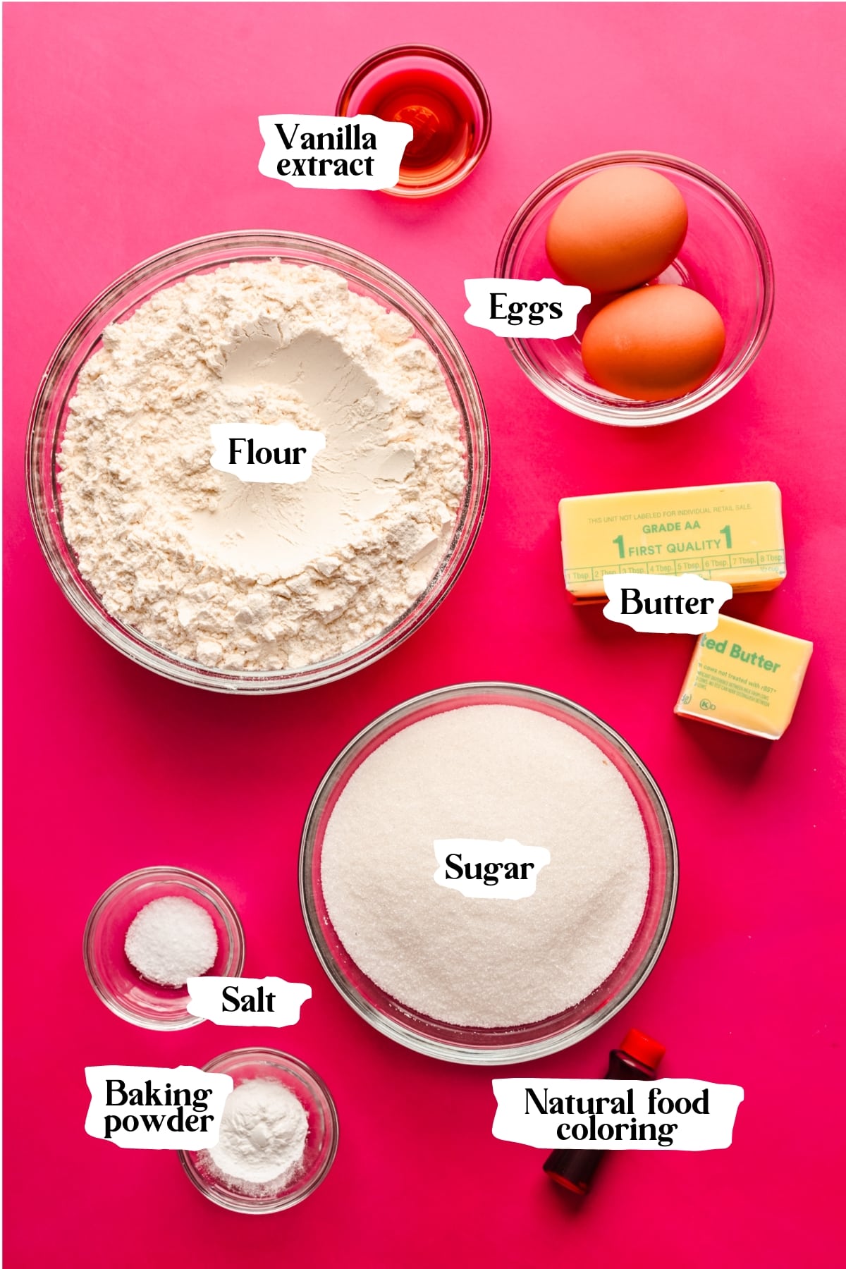 Overhead view of cookie ingredients, including flour and sugar.