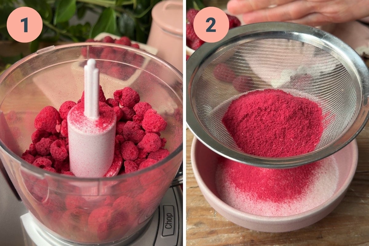 Pulsing freeze dried raspberries in a food processor and sifting into sugar. 