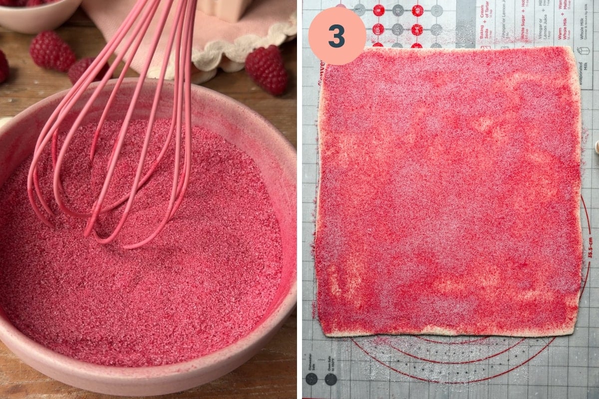 Raspberry sugar on puff pastry rectangle.