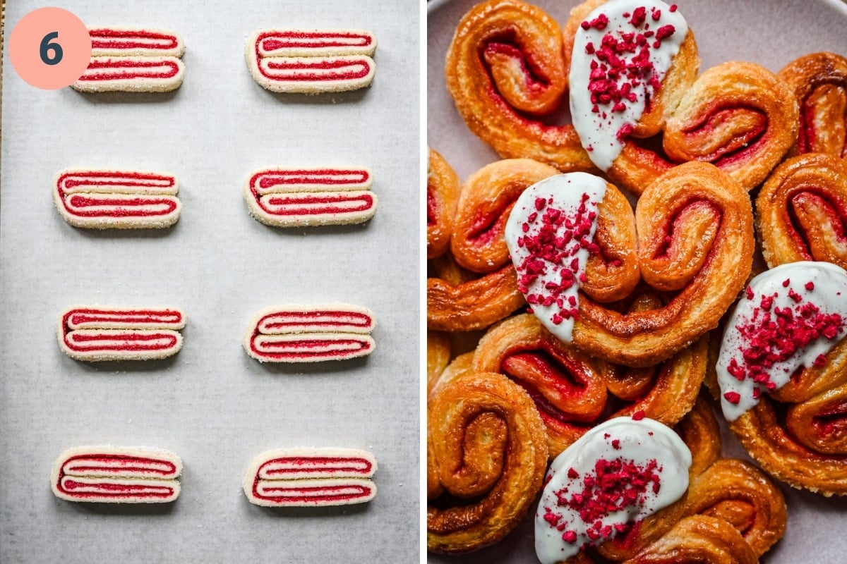 raspberry palmiers before and after baking.