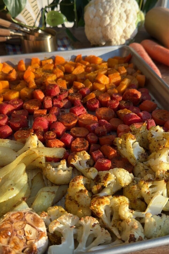 Overhead view of roasted vegetables.