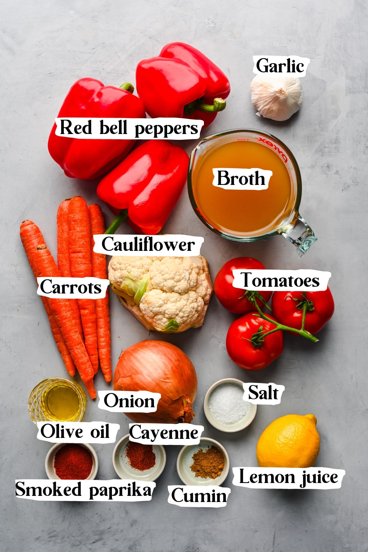 Overhead view of soup ingredients.