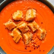 Close up overhead view of sheet pan soup in a bowl,