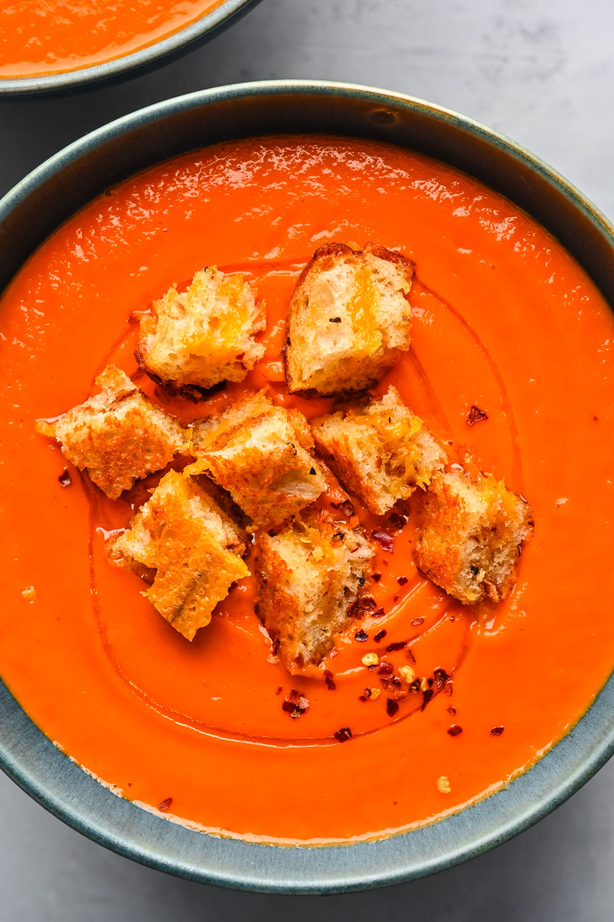 Close up overhead view of sheet pan soup in a bowl,