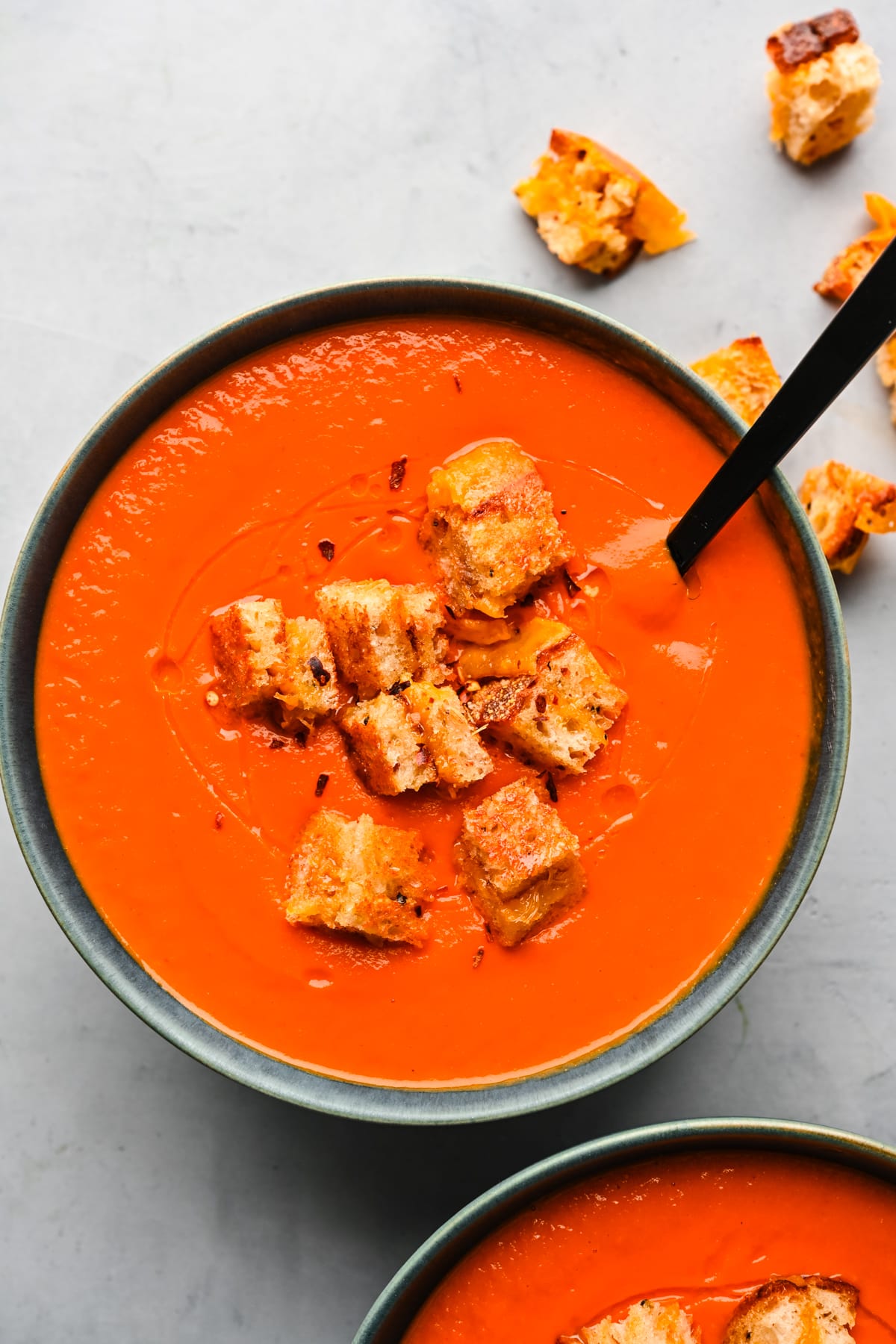 Overhead view of sheet pan soup in a bowl.