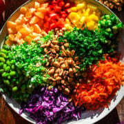 Overhead view of spoon salad ingredients.