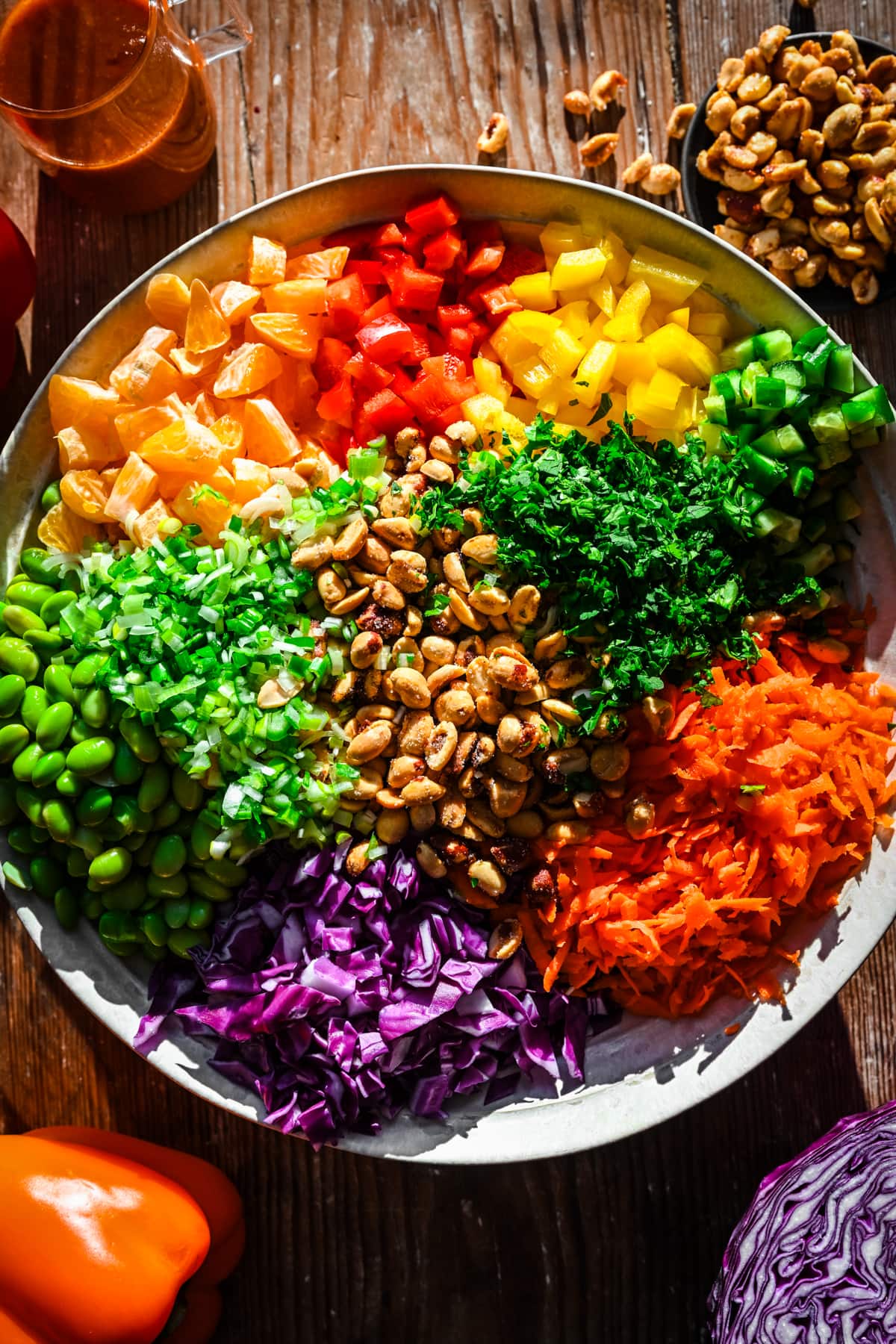 Overhead view of spoon salad ingredients.