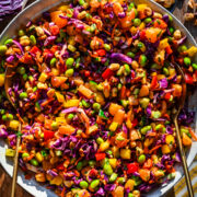 Overhead view of salad in a bowl.