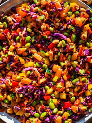 Overhead view of salad in a bowl.