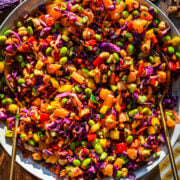 Overhead view of spoon salad in a bowl.