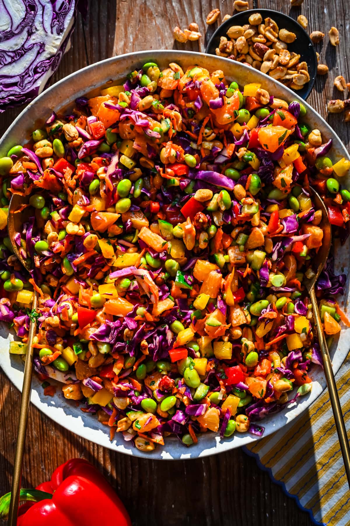 Overhead view of spoon salad in a bowl.