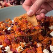 Pita chip dipped into salad.