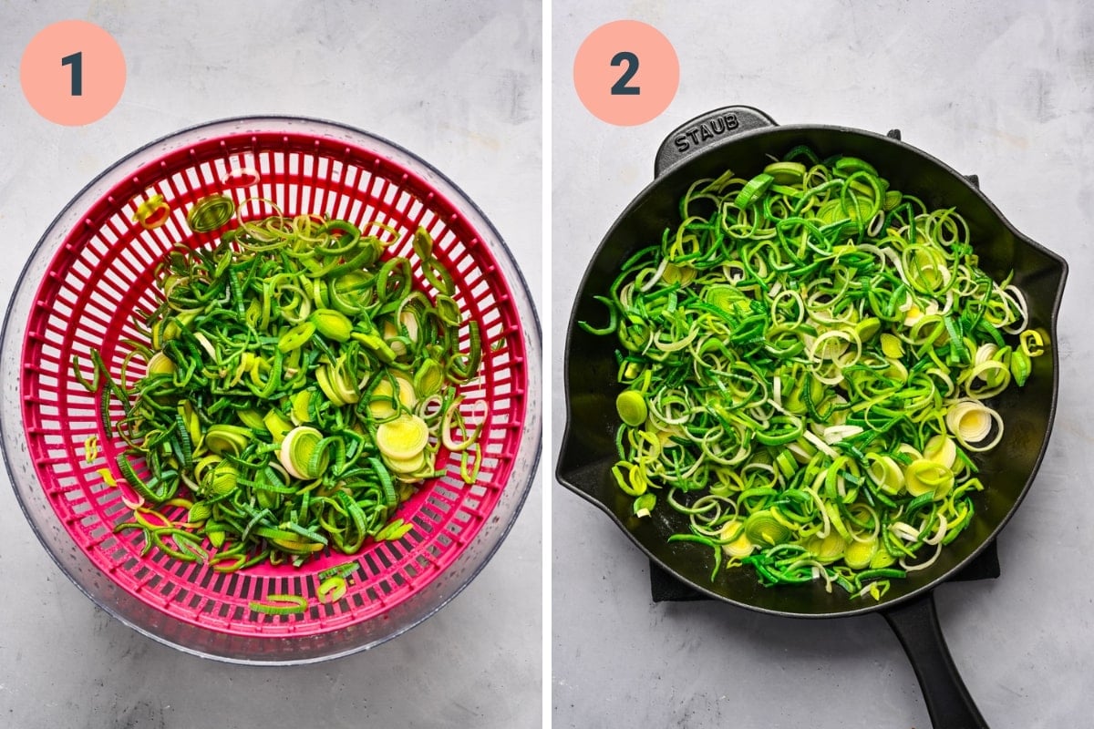 On the left: washing leeks. On the right: cooking leeks in a pan.
