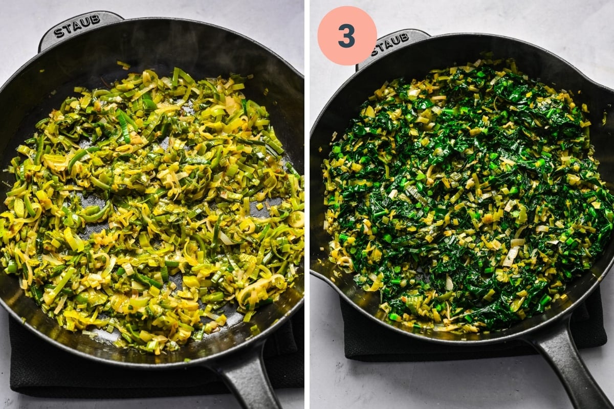 On the left: Finished leeks, on the right: adding kale.