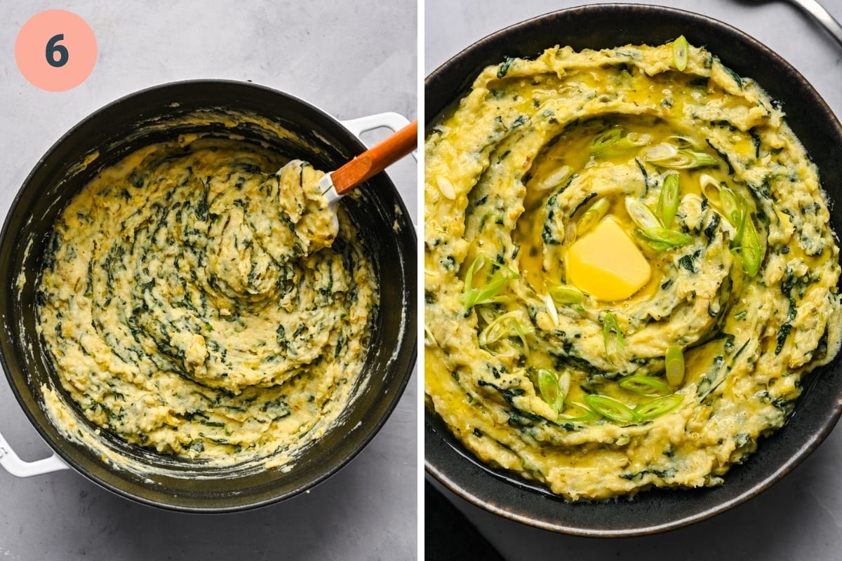 Finished colcannon in a pot and then in a dish.