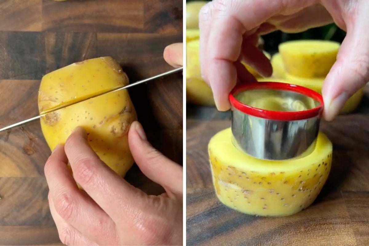 Cutting potatoes into rounds.