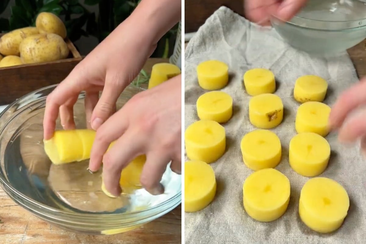 Soaking potatoes and then drying them off.