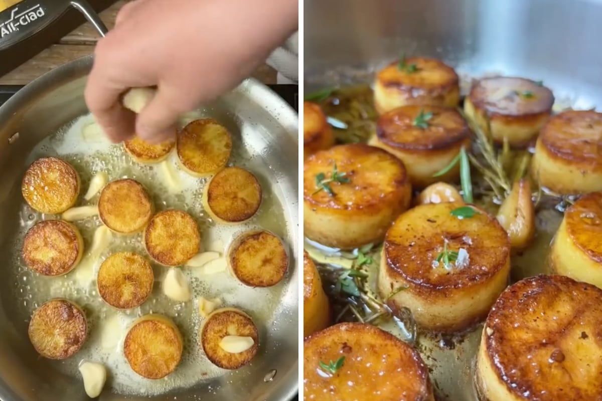 Adding garlic butter and herbs and then finished roasted potatoes.