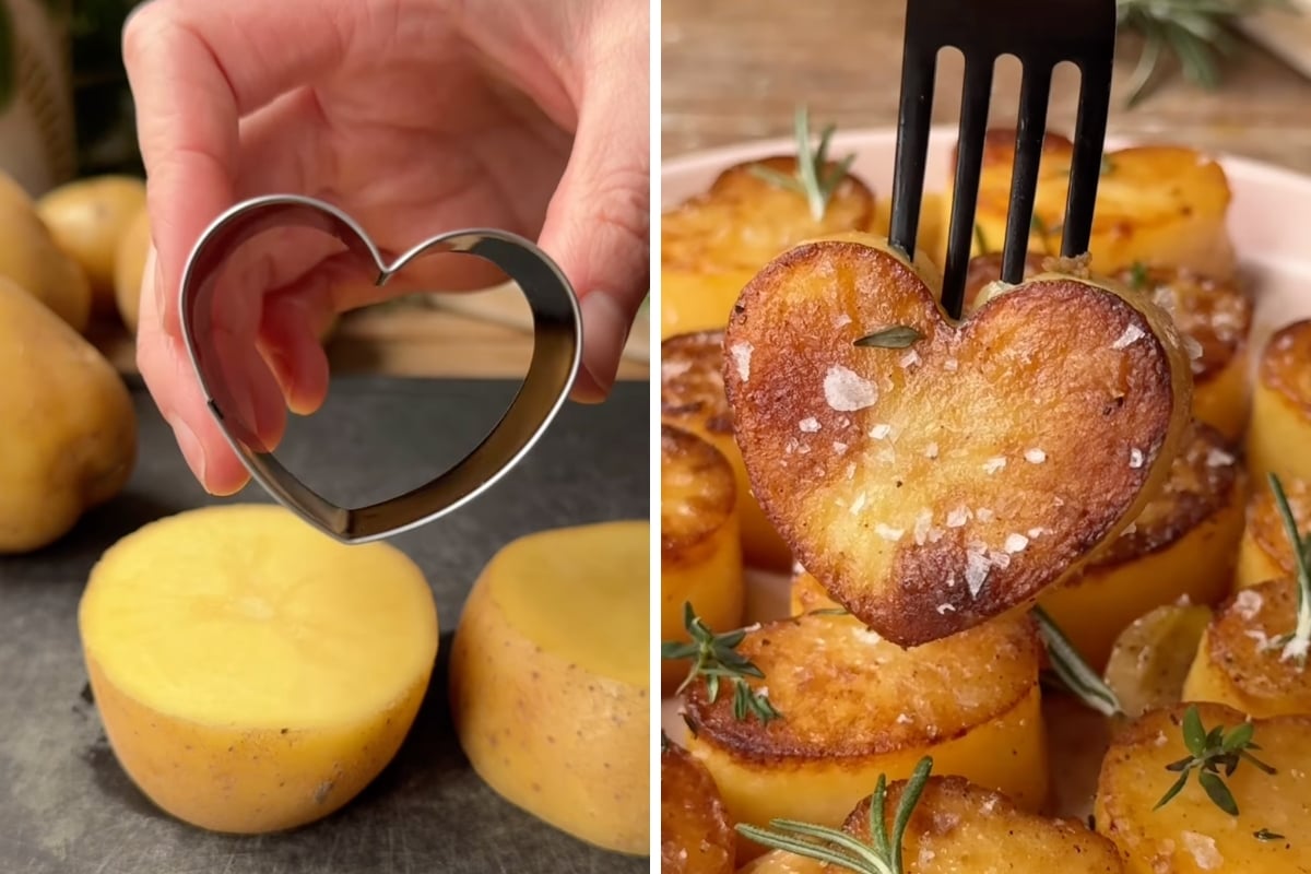 cutting heart shape out of potato rounds.